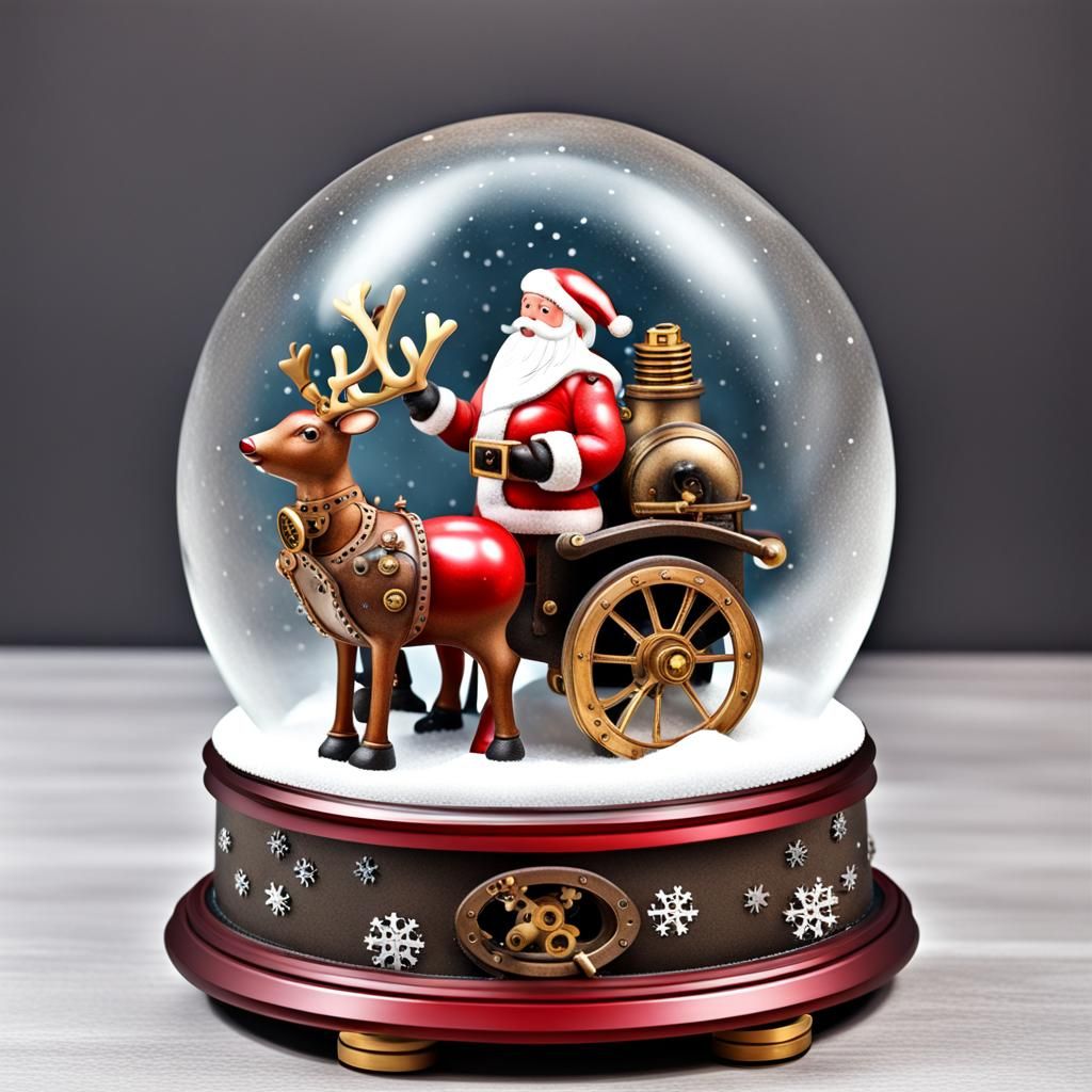 Steampunk Santa and Reindeer in Christmas Snow Globe
