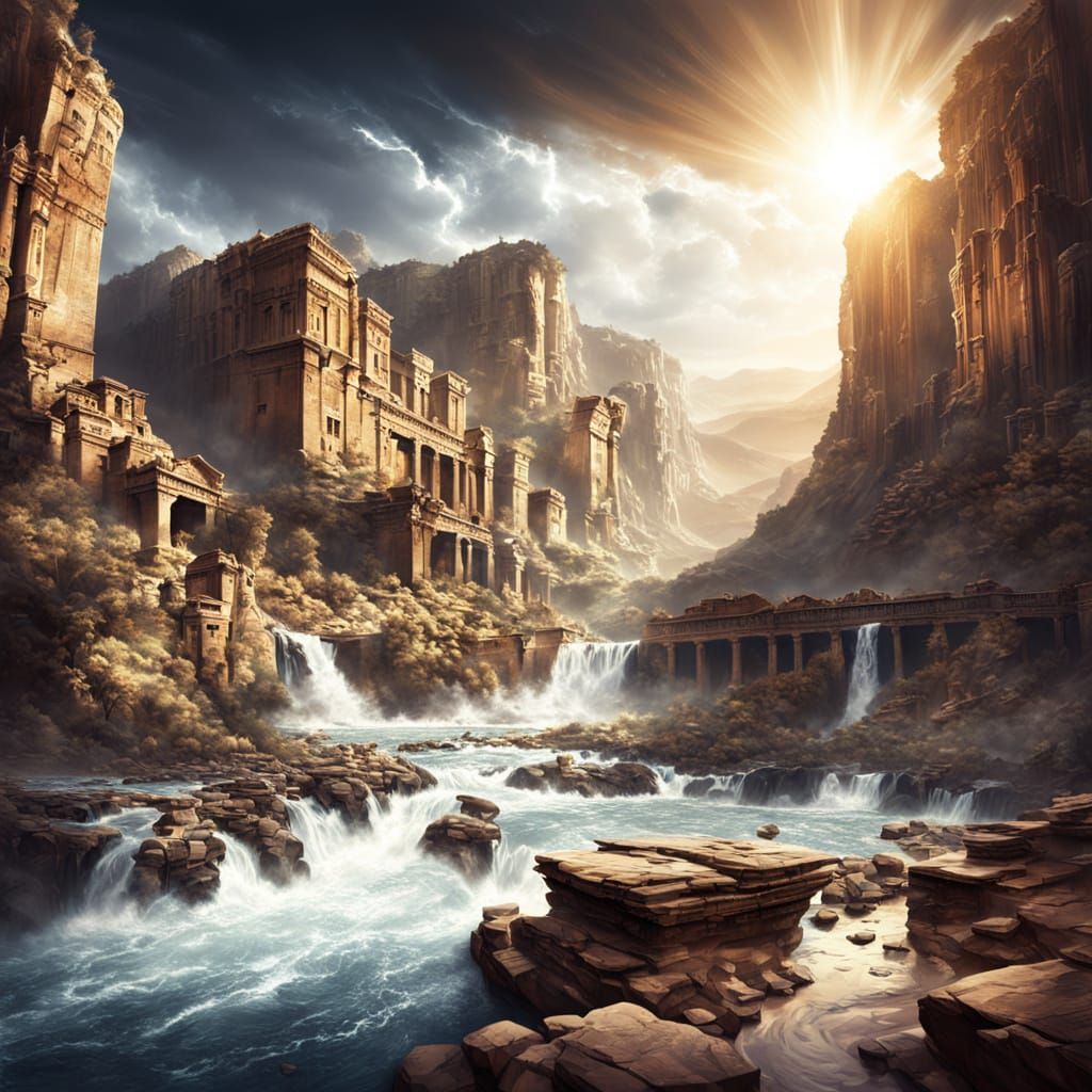 Sambatyon River Leaping Under Mystical Light Beams