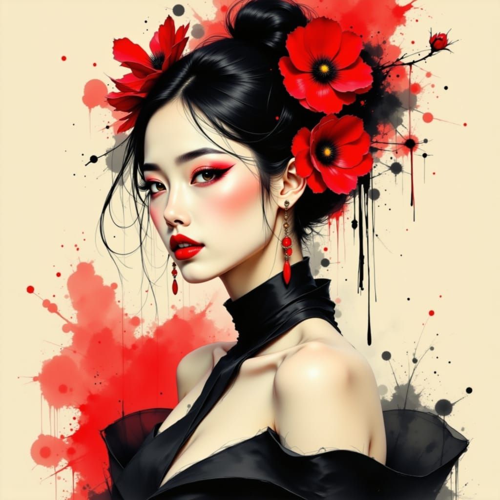 Modern Asian Woman with Red Flowers in Hair