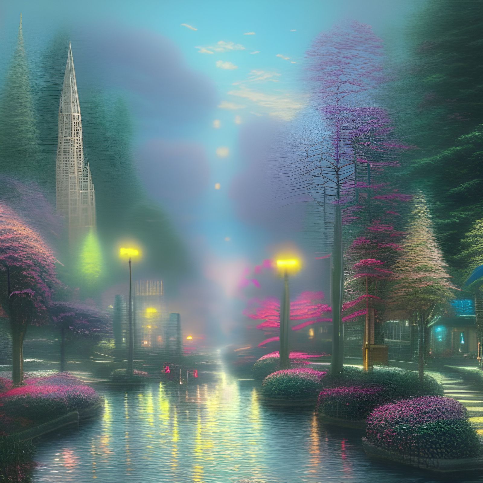 Ethereal Crystal City in a Misty Landscape