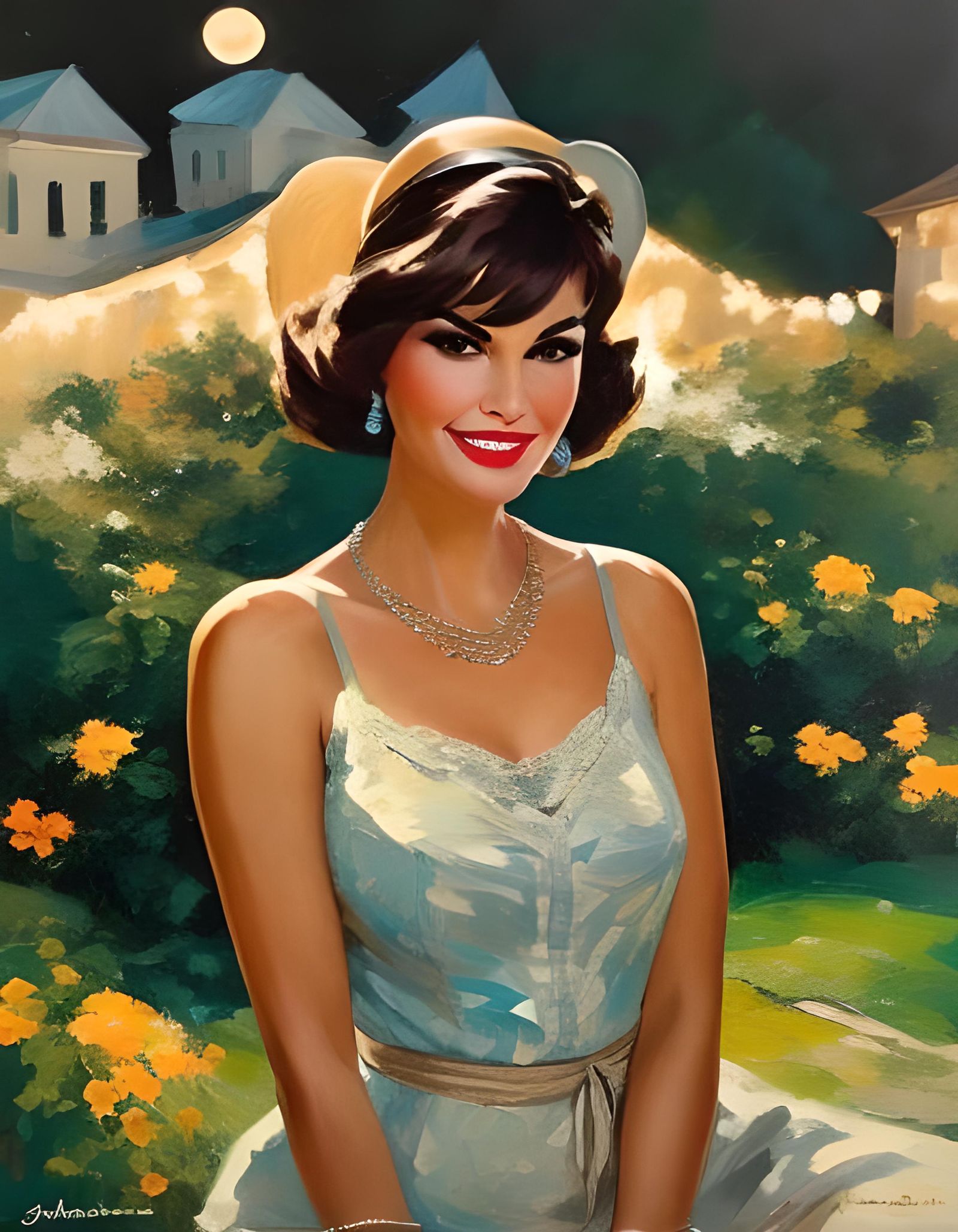 Impressionist Portrait of Woman with Crescent Moon Necklace