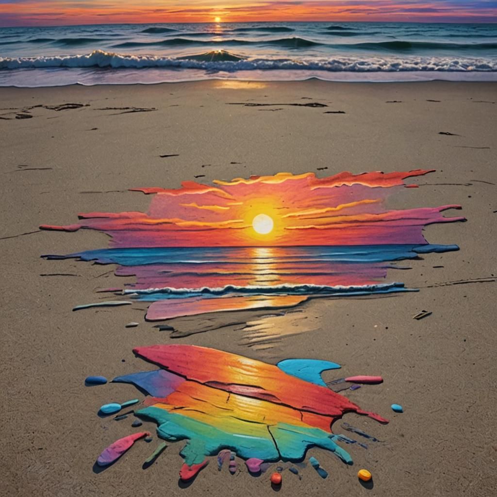 Vibrant Sidewalk Chalk Sunset Beach Drawing