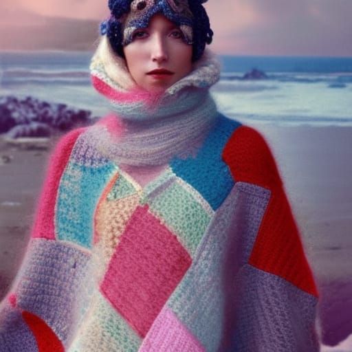Woman in Crochet Sweater on Snowy Beach