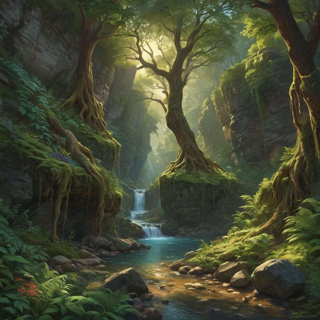 Lush Ravine River Concept Art in Golden Hour