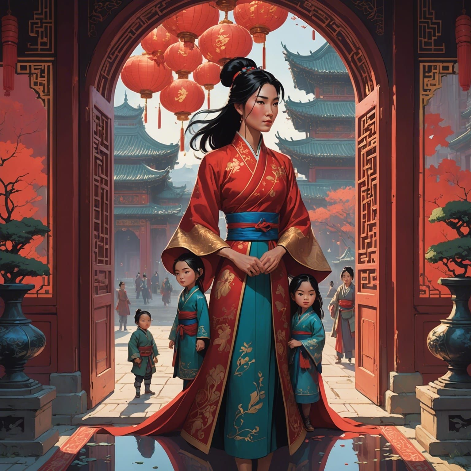 Mulan with Twins: Flowing Resin and Ink Art