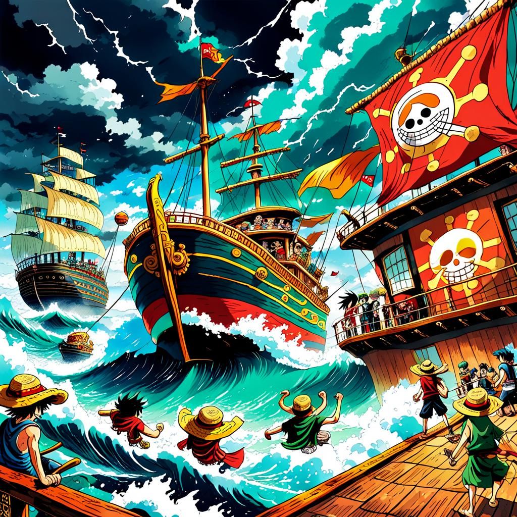 One Piece: Thousand Sunny Sailing in Manga Style