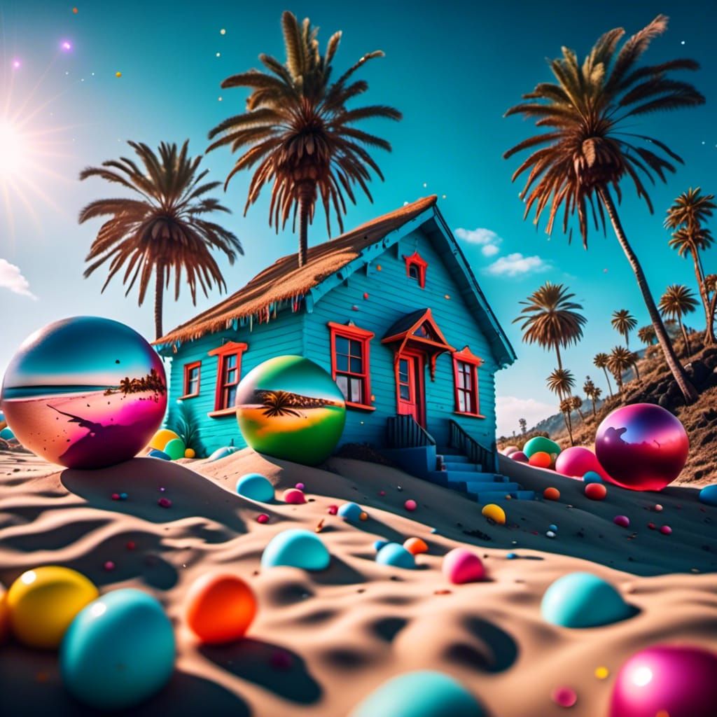 Graffiti Style Beach Landscape with Palm Trees