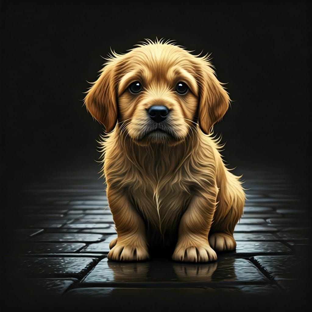 Whimsical Gold Street Scene with a Wet Cute Dog in Charcoal ...