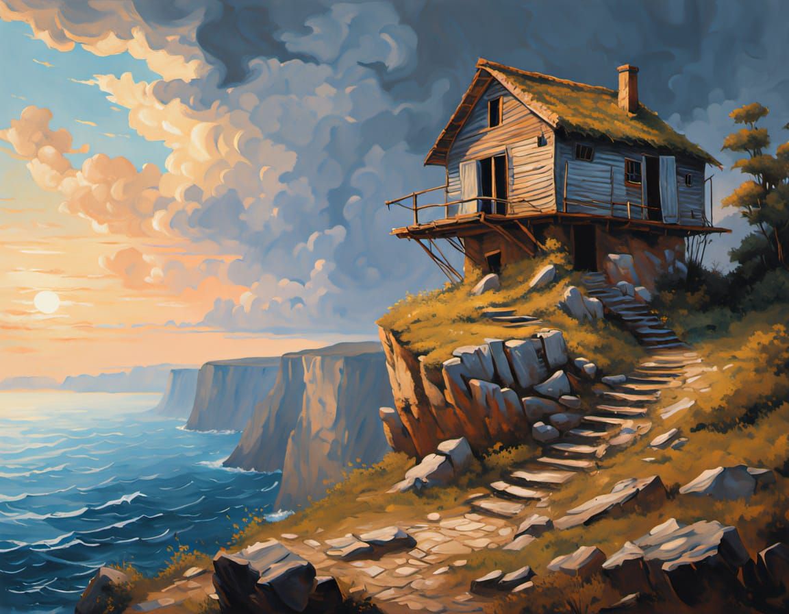 Cliffside Hut at Sunset: Classical Painting Style