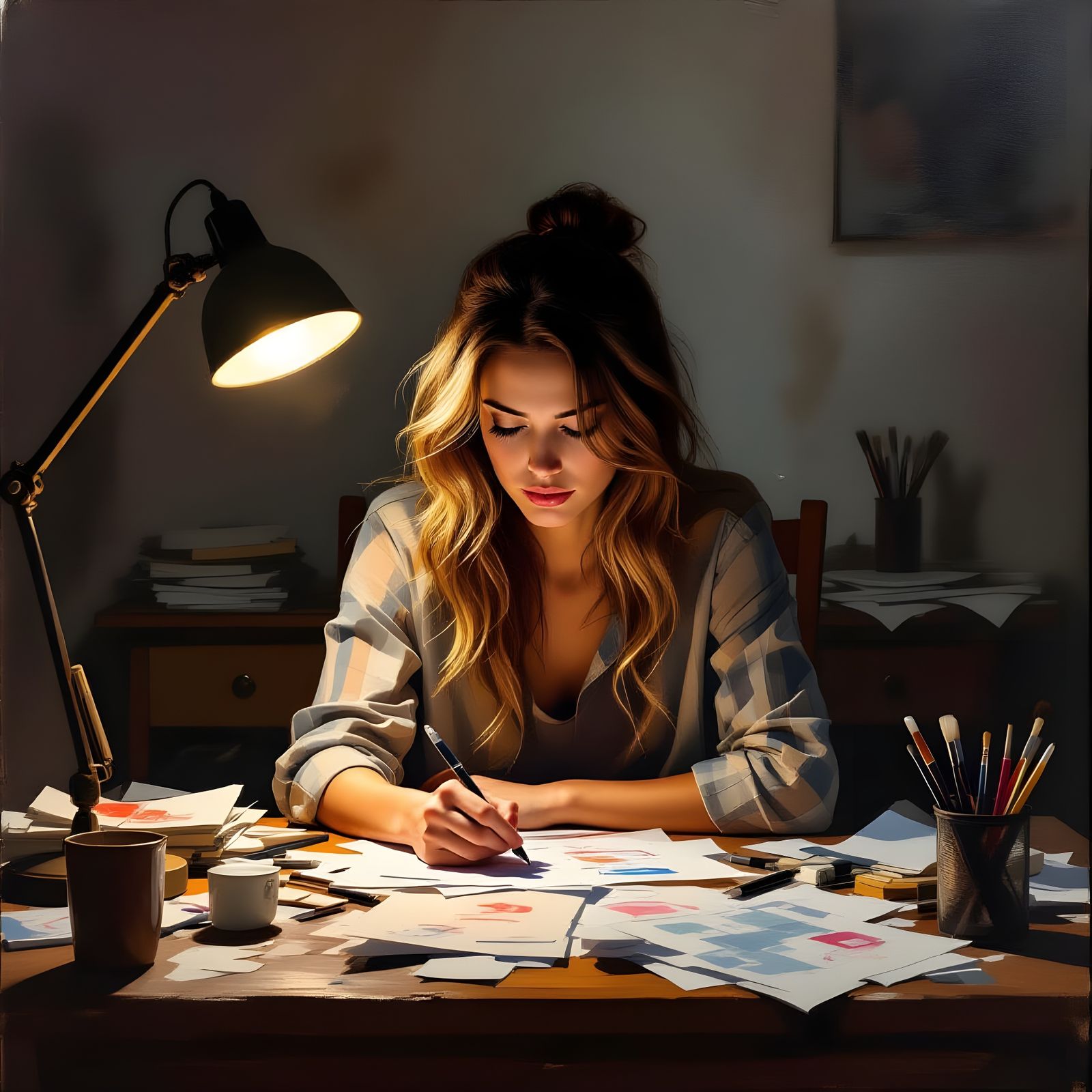 Woman at Cluttered Desk in Warm Lamp Glow