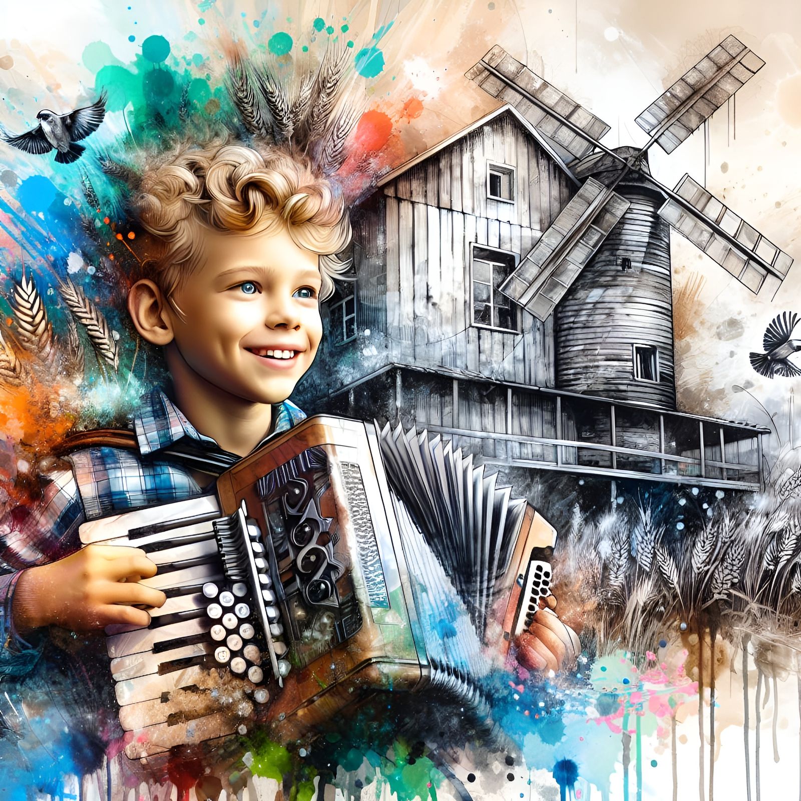 Boy Plays Accordion: Ink and Street Art Portrait