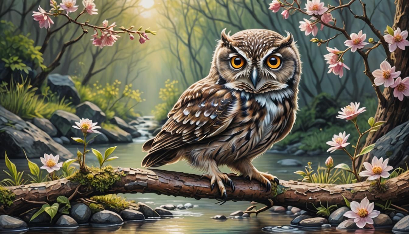 Little Owl on Blossoming Branch in Early Morning Sun