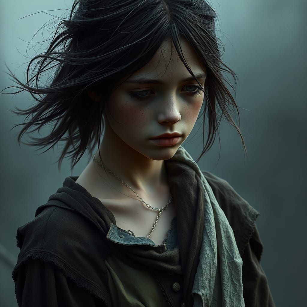 Melancholic Girl in Windswept Digital Painting