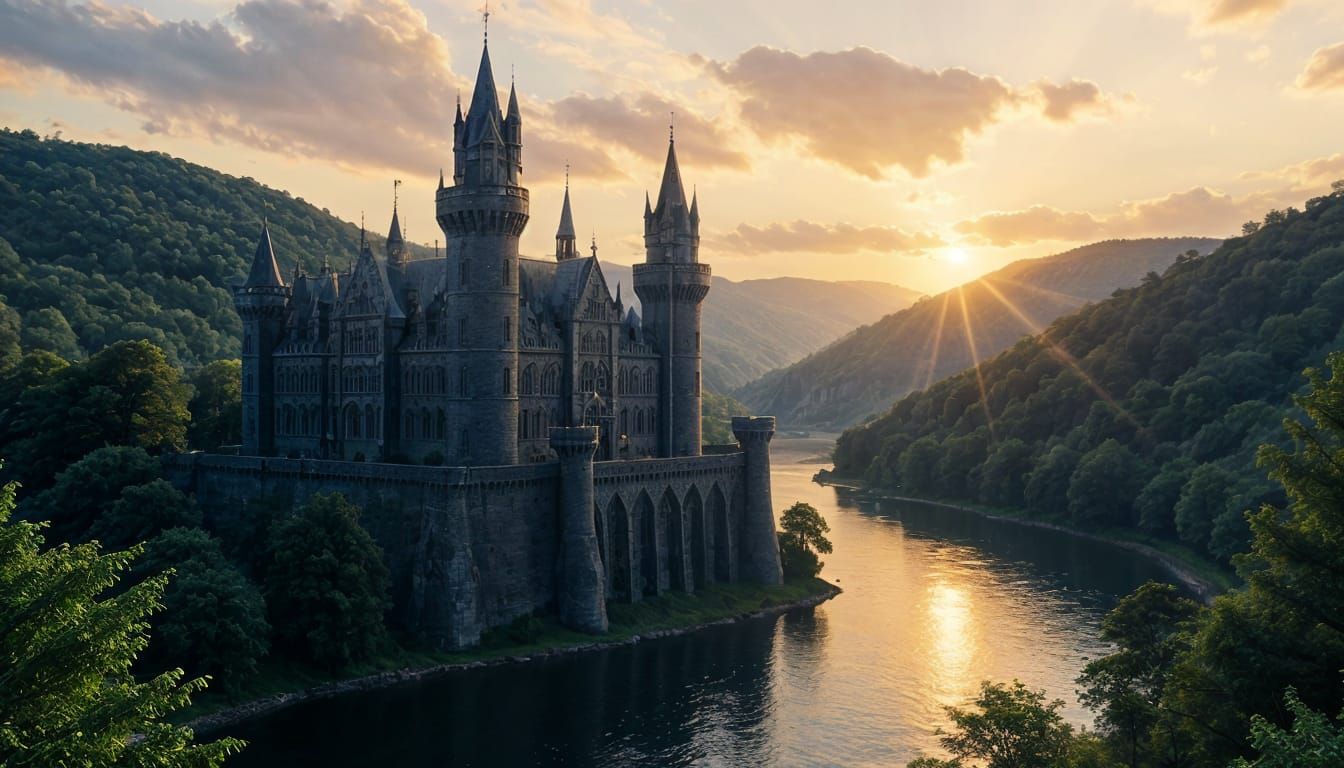 Gothic Castle Above Sparkling River at Sunset