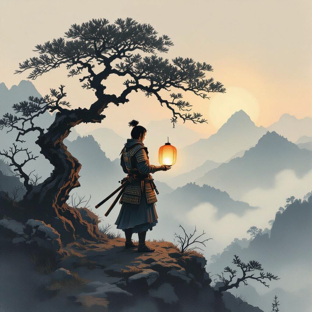 Samurai on Misty Peak with Lantern: Ukiyo-e Style