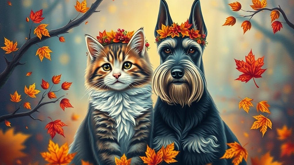 Whimsical Autumnal Scene in Cosmic Holographic Style