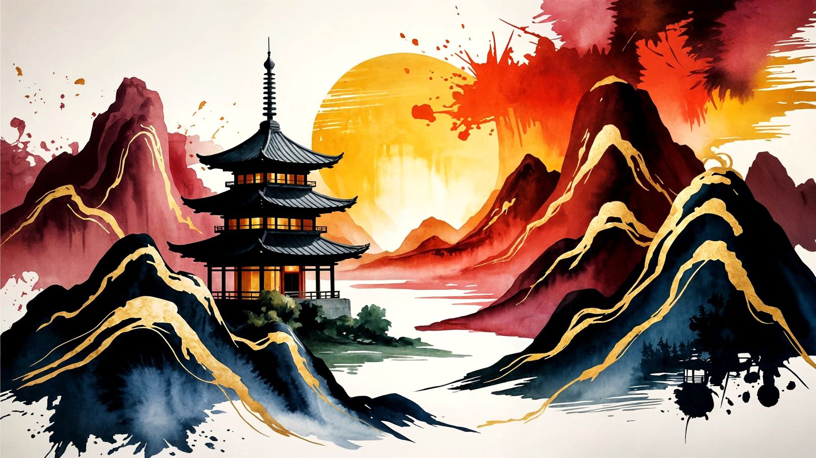 Pagoda Sunset: Kintsugi Digital Illustration