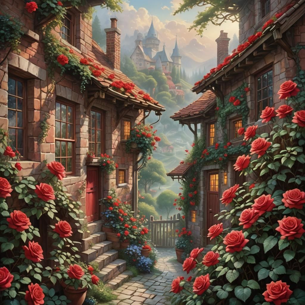 Hyperdetailed Red Roses Bloom near Cottage Window