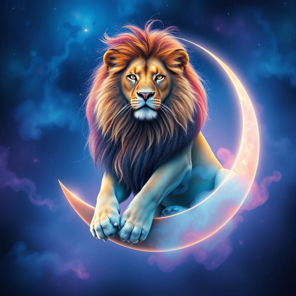 Lion with Stardust Mane on Crescent Moon