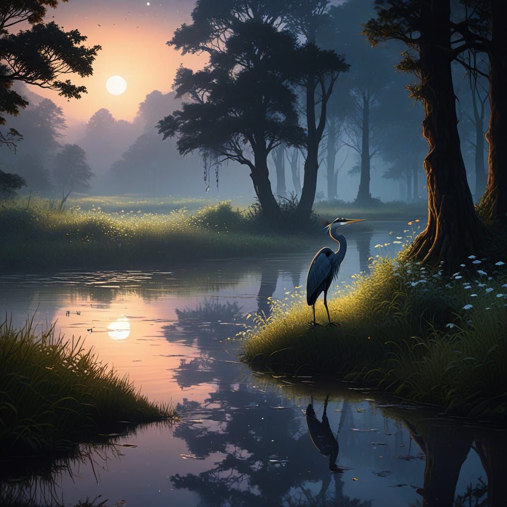 Ethereal Forest King in a Misty Summer Night Scene