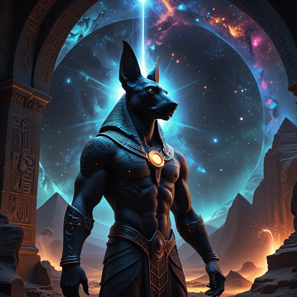 Cosmic Anubis Stands Before Ancient Pyramids in the Valley o...