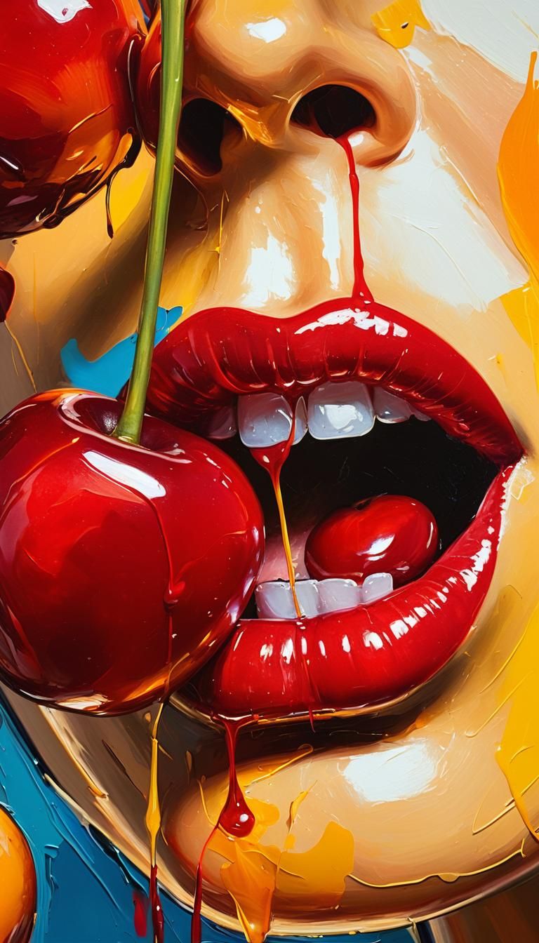 a close-up of glossy shiny red lips with a pair of red cherr...