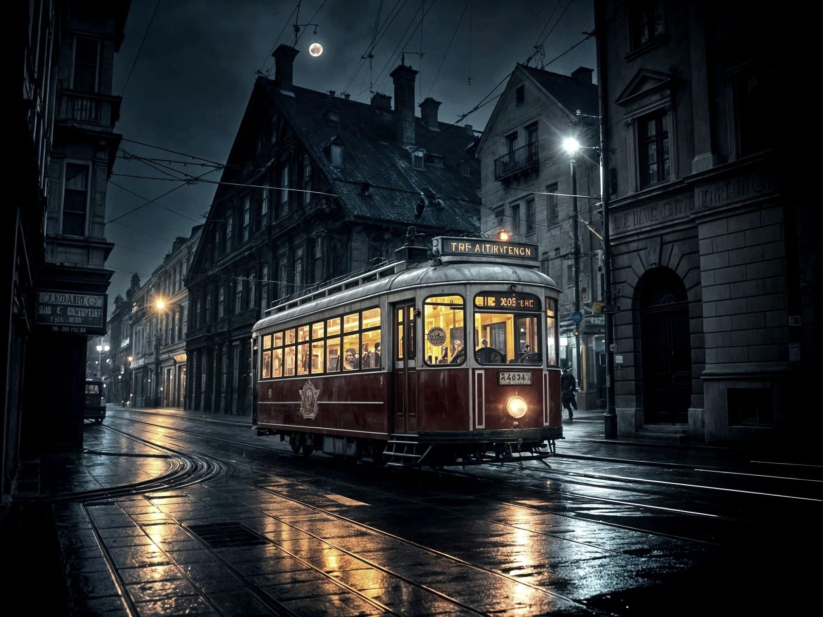Vintage Tram in Rain-Slicked Łódź: Film Noir Night