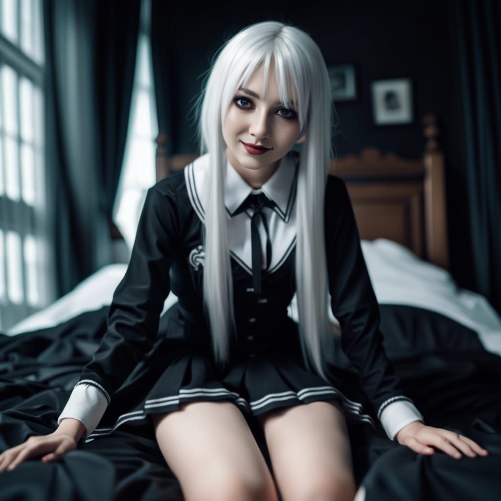 Hyperrealistic Waifu with Gothic Makeup and White Hair