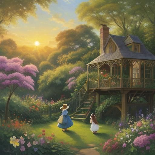 Whimsical Treehouse Scene in Impressionist Digital Art
