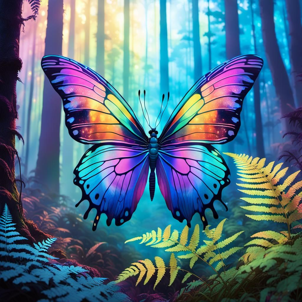 Rainbow Butterfly in Ethereal Enchanted Forest Art