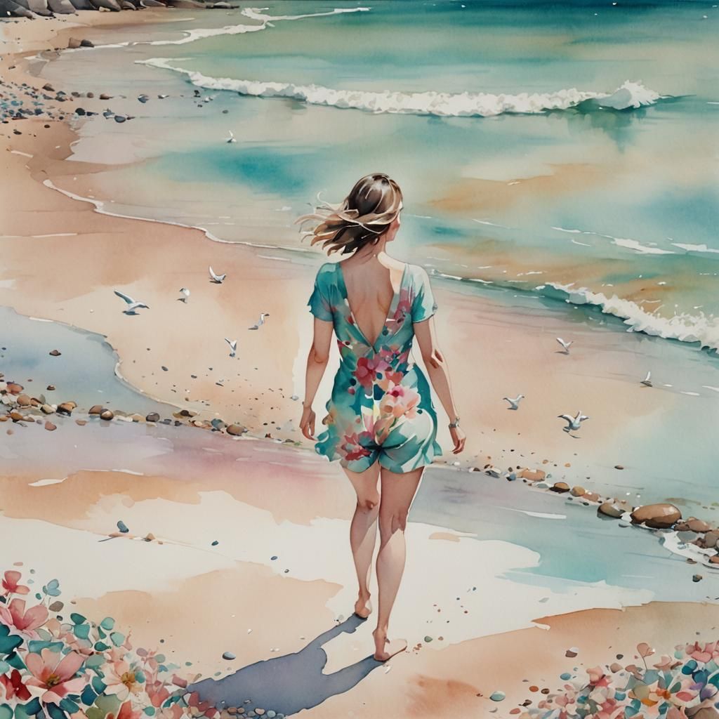 Woman on Pebble Beach in Watercolor Splash Art