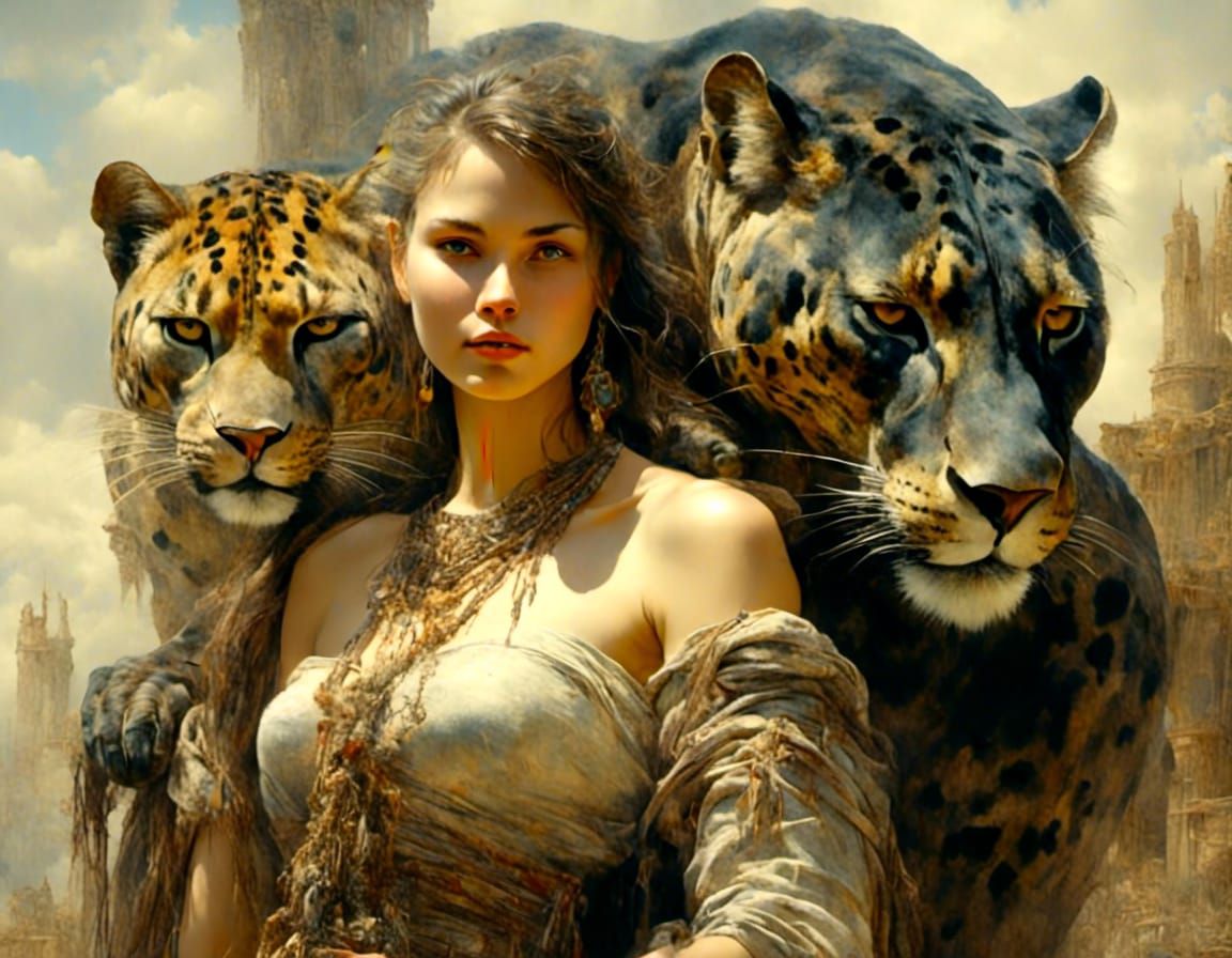 Woman and Panther Companion in Striking Style