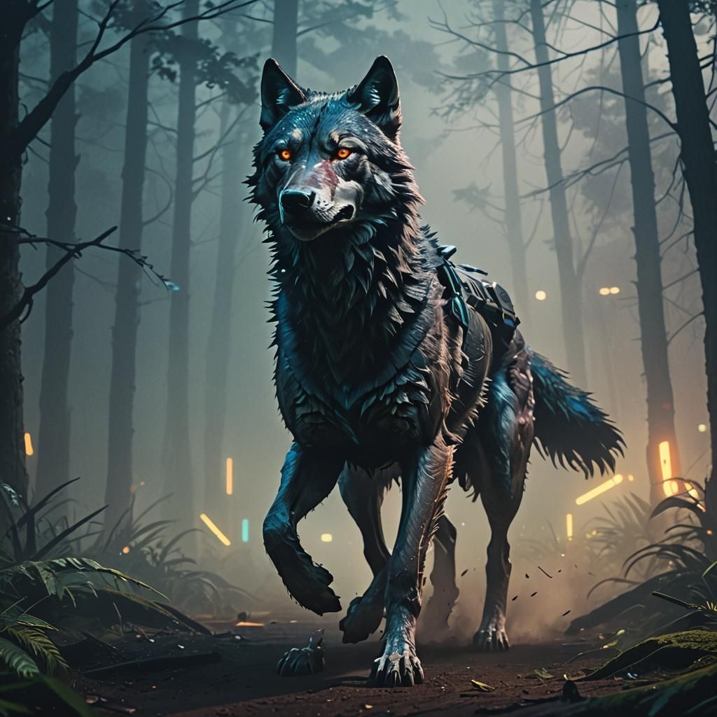 Cyberpunk Mist Wolf Running in Moonlight Forest