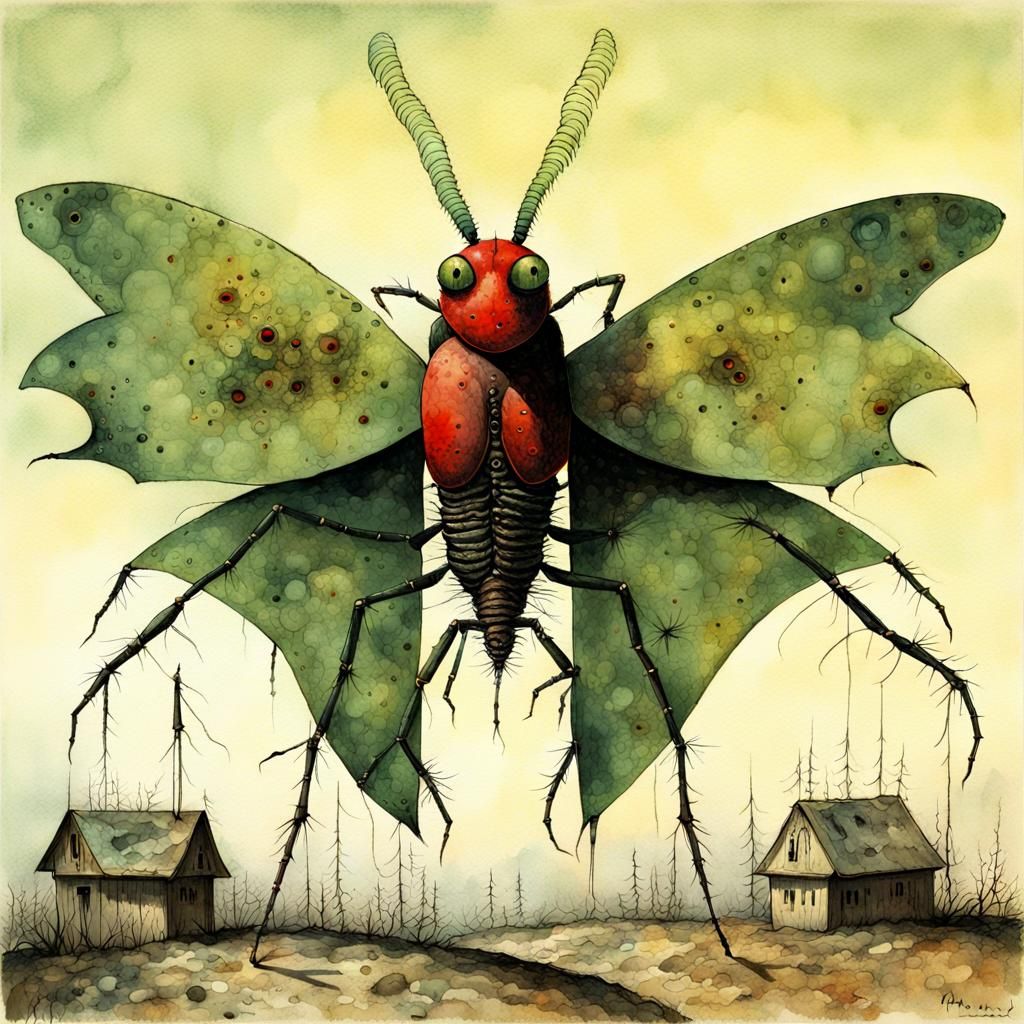 Terrifying Surreal Horror insect, sewn together by Dr. Frankenstein. shiny metallic red black green Heavily built biting...