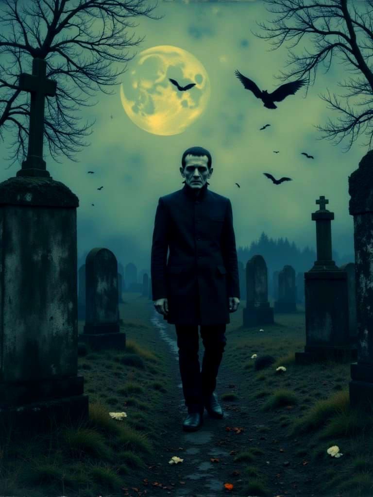 Frankenstein's Midnight Stroll Through a Spooky Cemetery