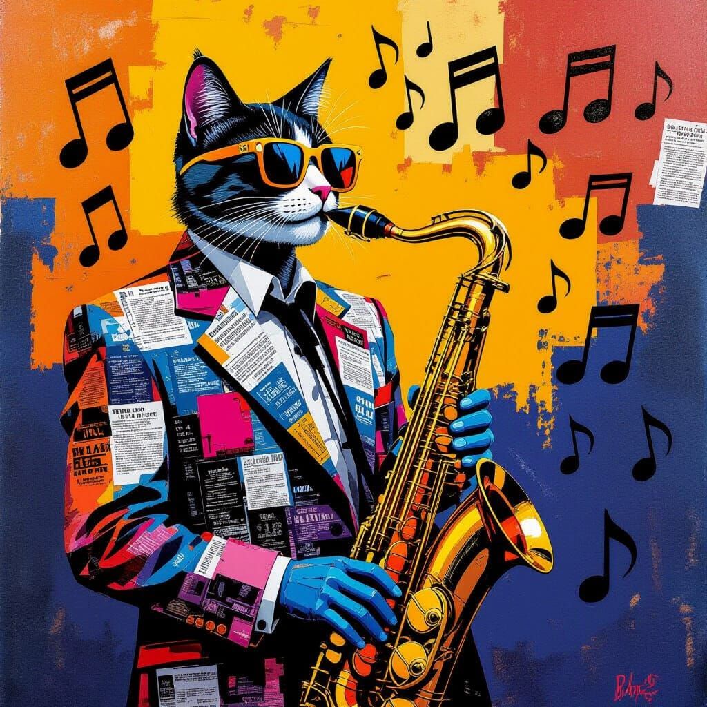 Cool Jazz Cat Musician in Vibrant Collage Style
