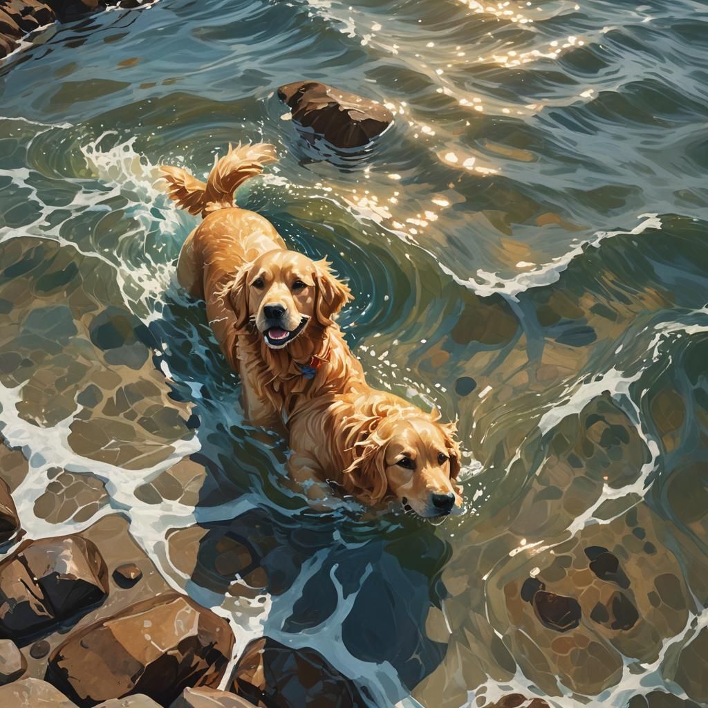 Golden Retriever Swimming in Ocean: Hockney-Inspired Art