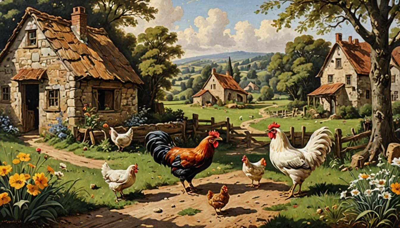1700s Country Scene with Chickens, Oil Painting