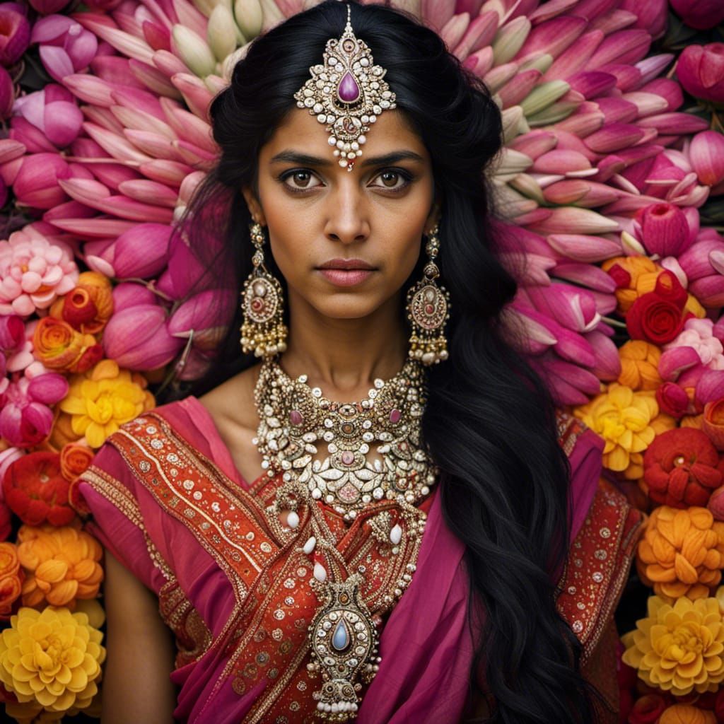 Indian Goddess Portrait with Saree and Flowers