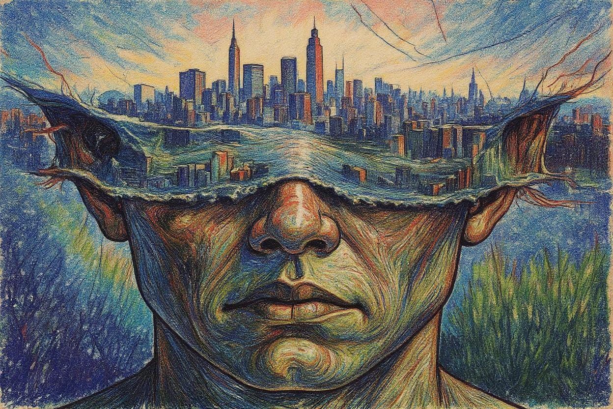 Crosshatched Ballpoint Pen Drawing in Red and Blue