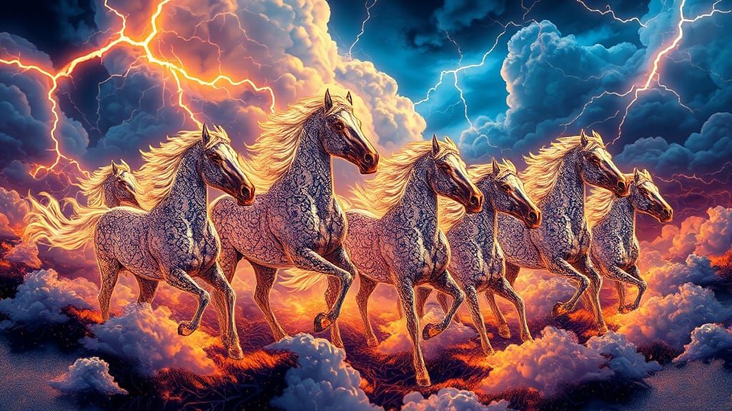Stallions Breathing Sapphire Fire in Alcohol-Ink Style