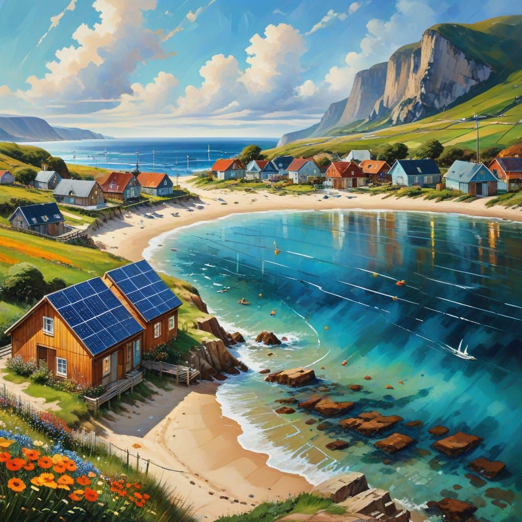 Solar Haven Village Scene in Vibrant Impressionist Style