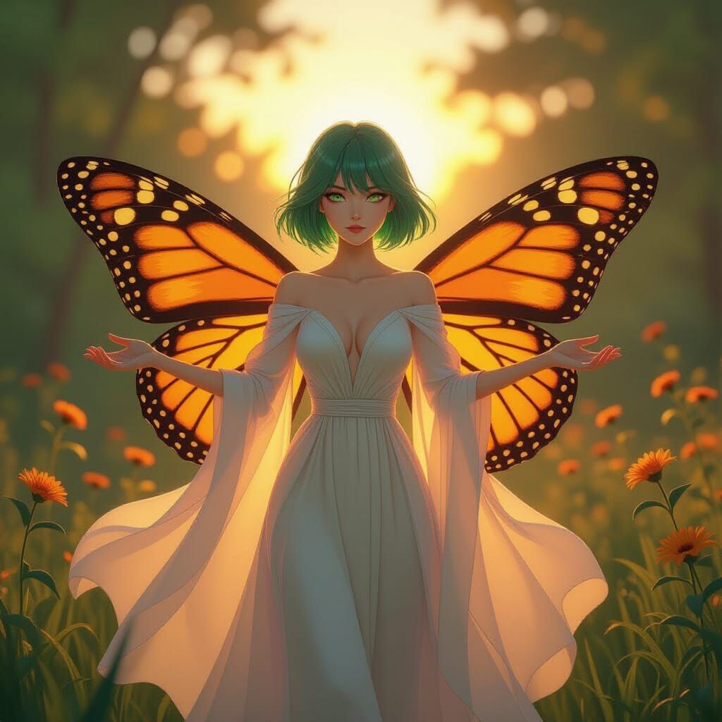 Green-Haired Woman in Forest Sunset, Cel-Shaded Style