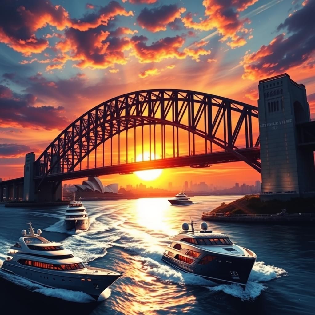 Sydney Harbour Bridge Sunset: Hyperrealistic Splash Art
