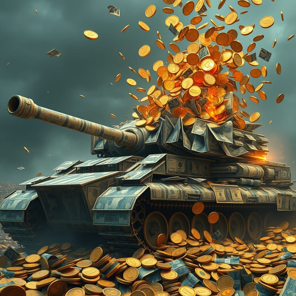 Money Tank Unleashing Gold Coins in Matte Painting Style
