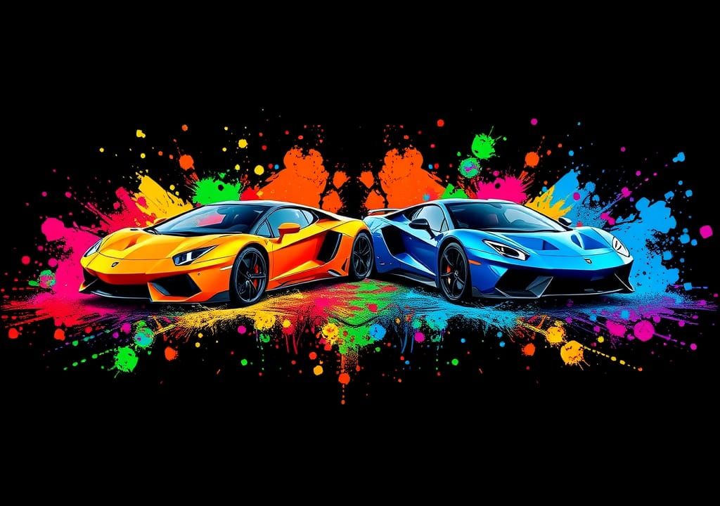 Vibrant Sports Cars in Digital Paint Splatter Art
