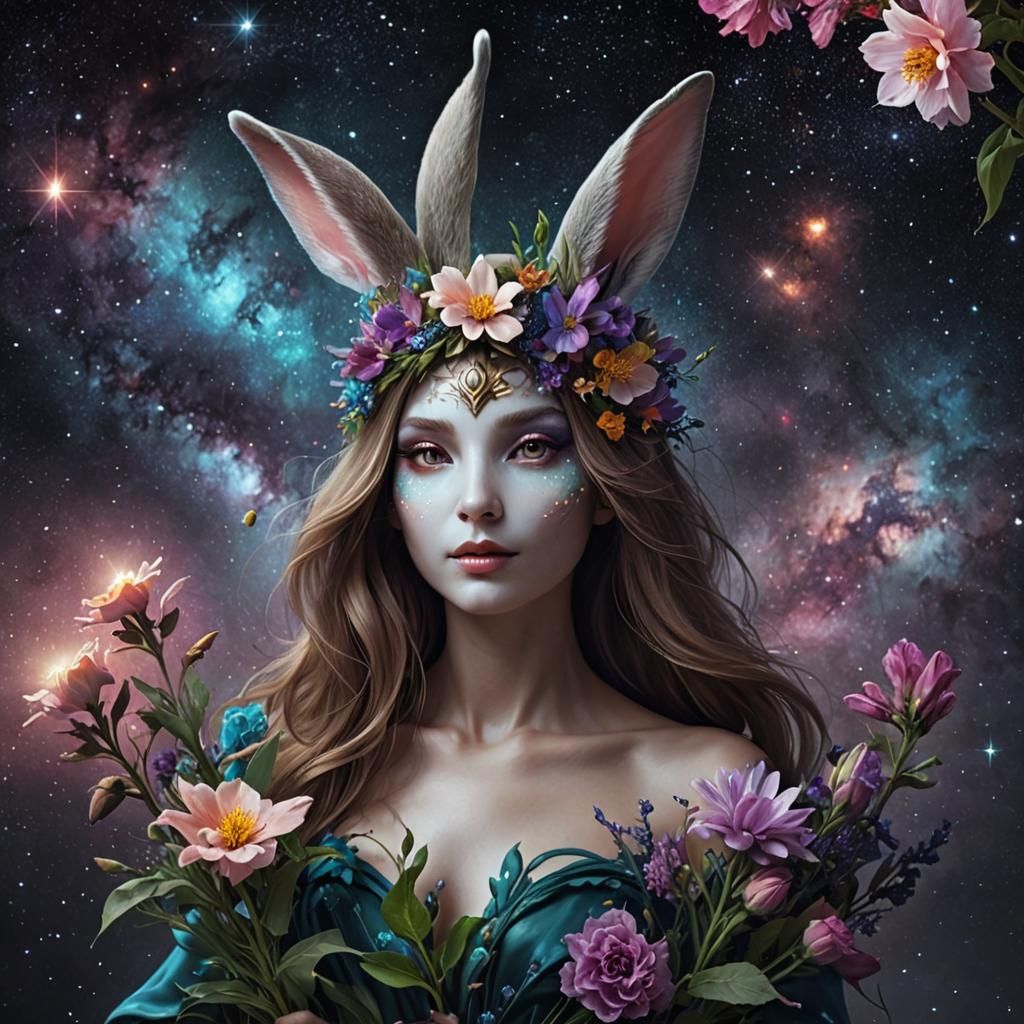 Mysterious Galactic Woman with Rabbit and Flowers