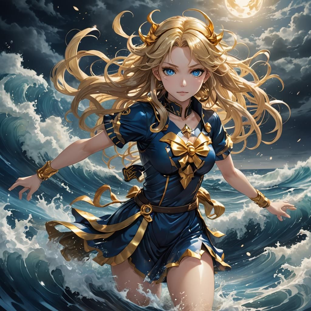 Magical Girl Summons Wave in Anime Style