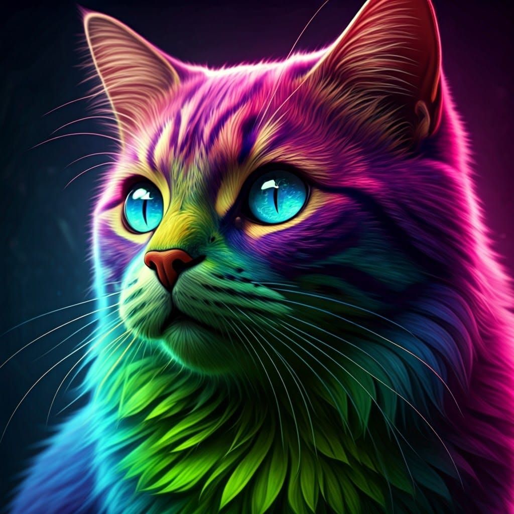 Vibrant Multi-Colored Cat Portrait in Hyper-Realism