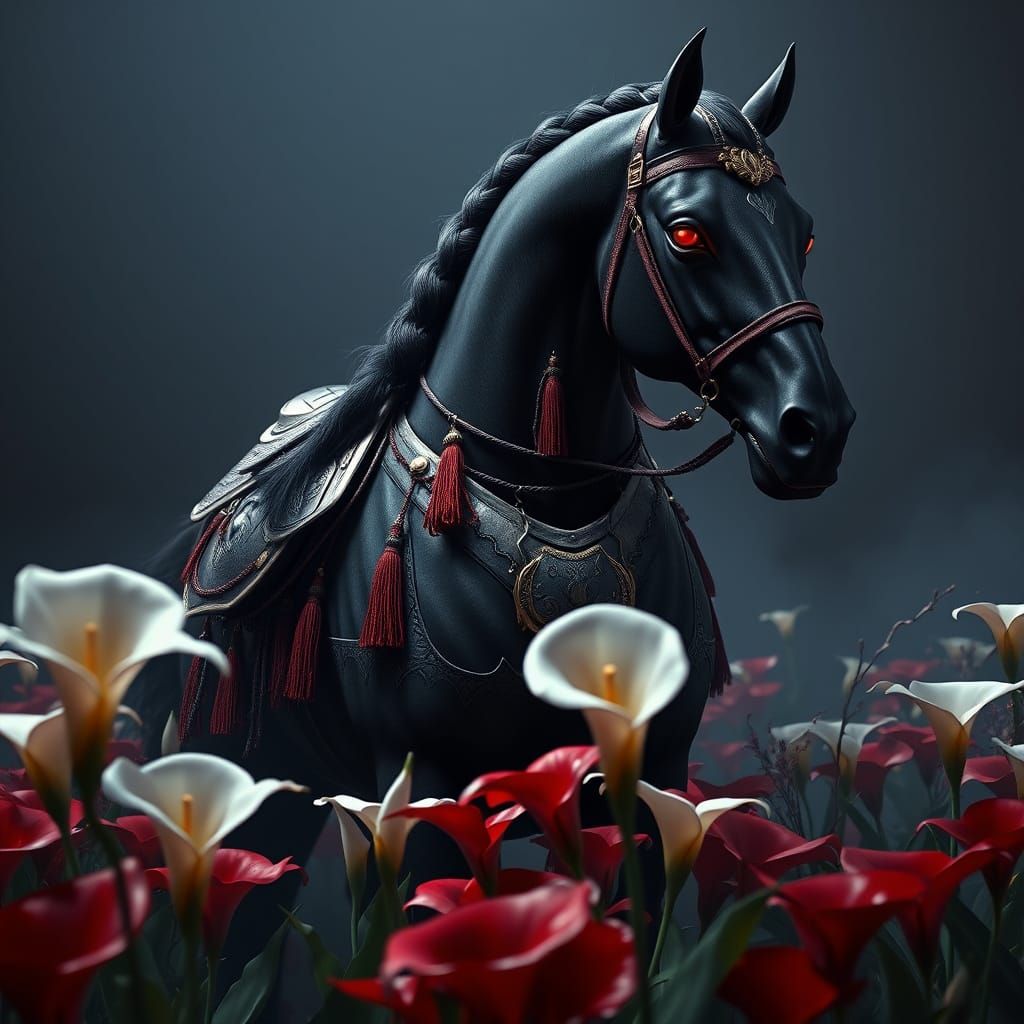 Majestic Friesian Horse in Medieval Armor amidst Red Calla L...
